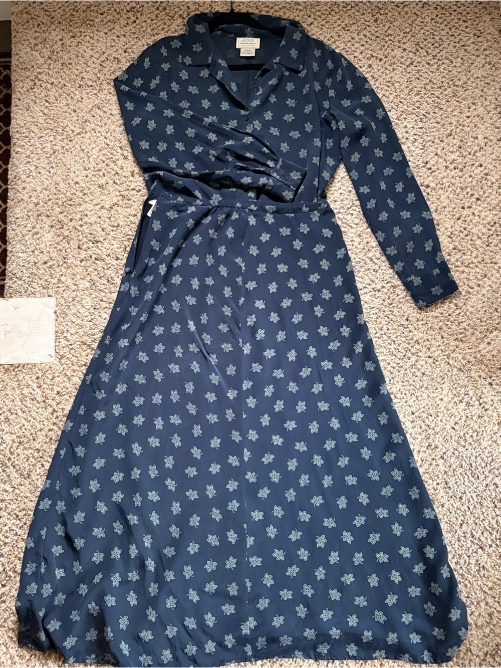 Vintage 90s Field Manor 100% Silk 2 Pice Long Sleeve Blue Maxi Dress Size Medium
